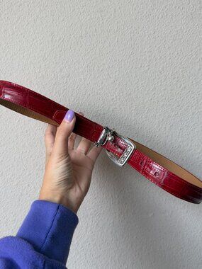 Brighton Red Leather Embossed Silver Buckle Belt